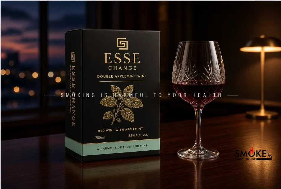 A sophisticated professional enjoying an elegant evening break with esse change double applemint wine in a dimly lit lounge.