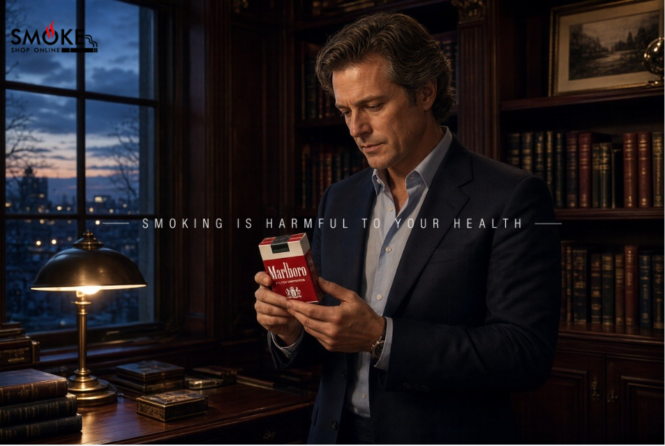 A sophisticated professional evaluating an authentic marlboro red usa pack in a luxurious, dimly lit home study.
