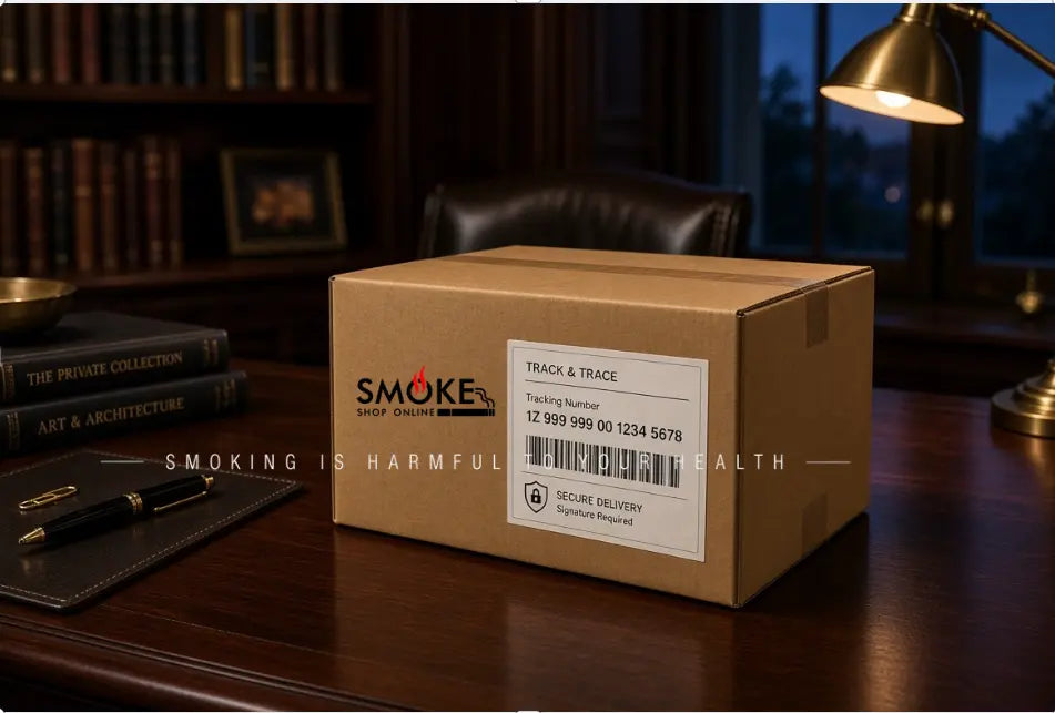 A sophisticated professional reviewing a tracking confirmation for their authentic double happiness cigarettes australia delivery in a private study.