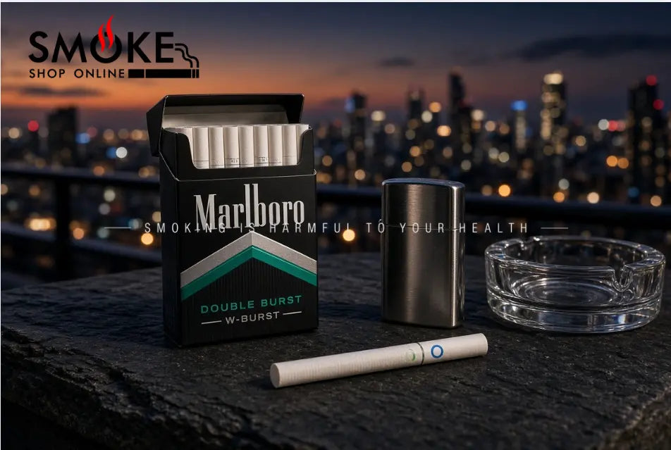 : A sophisticated professional experiencing a deep refreshment ritual with a marlboro double burst session on a high-rise city balcony at twilight.