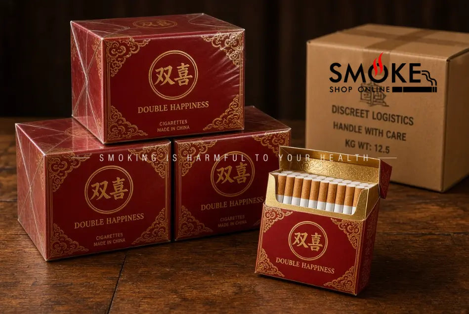 Factory-sealed master carton and individual packs of Double Happiness cigarettes showing wholesale bulk packaging