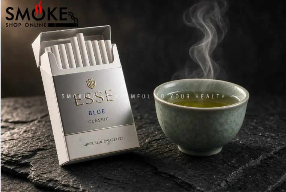  Low-angle shot of an open pack of Esse Blue Classic cigarettes beside a celadon porcelain tea cup