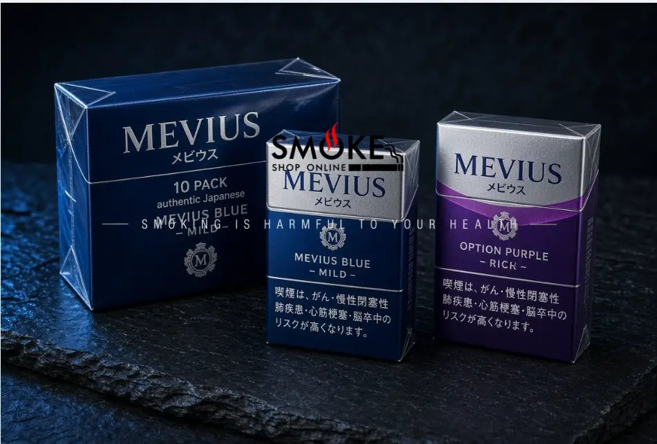 Sealed cartons of authentic Mevius cigarettes including Blue and Option Purple varieties